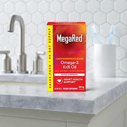 MegaRed Antarctic Krill Oil 500mg Omega 3 Fatty Acid Supplement, Extra Strength EPA & DHA Softgels (90cnt box), Antioxidant Astaxanthin, Heart Health Supplement With No Fish Oil Aftertaste