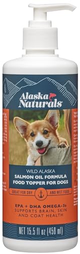 Alaska Naturals Wild Alaskan Salmon Fish Oil for Dogs Skin and Coat – EPA + DHA Omega 3 Oil - Fatty Acids Dog Supplements - Fur Coat and Brain Health - Natural Liquid Food Topper – 15.5 oz. Pump