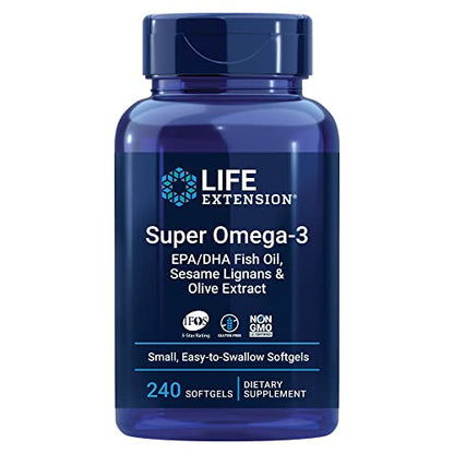 Life Extension Super Omega-3 EPA/DHA Fish Oil, Sesame Lignans & Olive Extract - Omega 3 Supplement - For Heart Health and Brain Support - Gluten Free, Non-GMO - 240 Easy-to-swallow Softgels