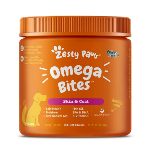 Zesty Paws Omega 3 Alaskan Fish Oil Chew Treats for Dogs - with AlaskOmega for EPA & DHA Fatty Acids - Hip & Joint Support + Skin & Coat Chicken Flavor (90 Soft Chews)