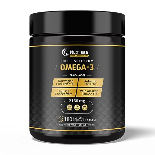 Nutriissa Omega 3 - Full Spectrum - 180 Count - High Concentrate Formula Fish Oil, Krill Oil, Cod Oil, Salmon Oil - Advanced Blend