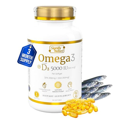 SIGNIFY NATURE Omega 3 Fish Oil Supplement with Vitamin D3 5000 IU - 1000mg Triglyceride Capsules for Brain Health - Optimal Ratio EPA DHA Omega-3 Fish Oils Vitamin D 3 Blend - VIT D3 & Omega 3-90CT