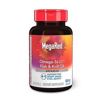 MegaRed Omega 3 Fish Oil & Antarctic Krill Oil Softgels for Brain, Heart, Joints & Eye Support, (80 Count Bottle), Concentrated Omega 3 Fatty Acid Supplement with EPA, DHA, Phospholipids