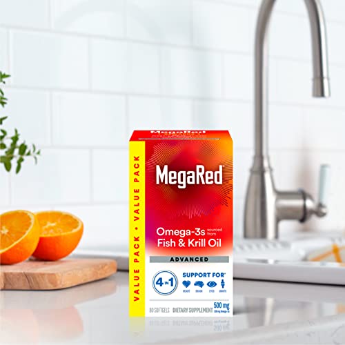 MegaRed Omega 3 Fish Oil & Antarctic Krill Oil Softgels for Brain, Heart, Joints & Eye Support, (80 Count Bottle), Concentrated Omega 3 Fatty Acid Supplement with EPA, DHA, Phospholipids