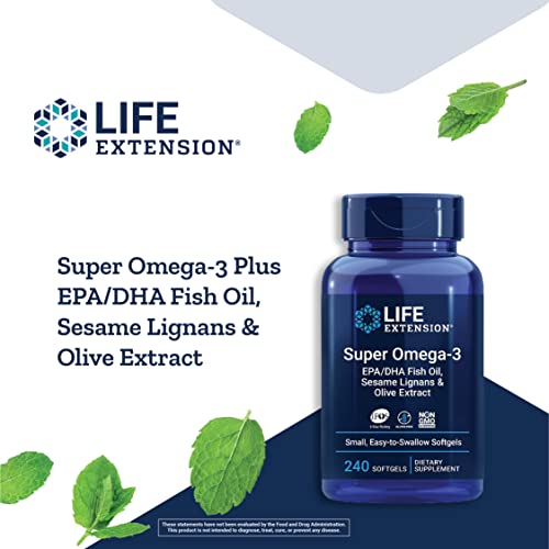 Life Extension Super Omega-3 EPA/DHA Fish Oil, Sesame Lignans & Olive Extract - Omega 3 Supplement - For Heart Health and Brain Support - Gluten Free, Non-GMO - 240 Easy-to-swallow Softgels