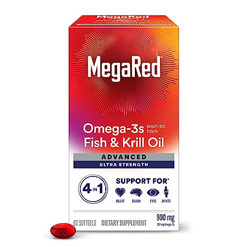 MegaRed Fish Oil + Krill Oil 900mg Omega 3 Supplement with EPA & DHA, Supports Heart, Brain, Joint and Eye Health, No Fishy Aftertaste - 60 Softgels (60 servings)