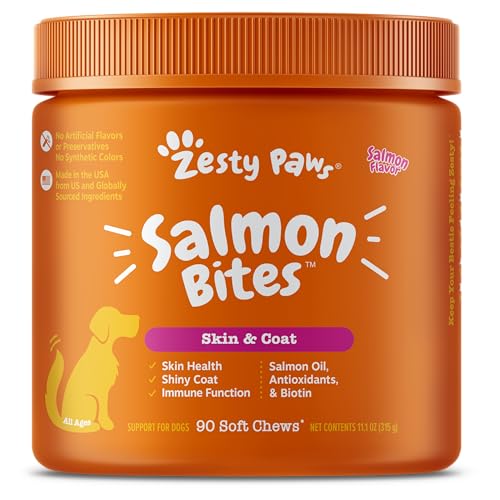 Salmon Fish Oil Omega 3 for Dogs - with Wild Alaskan Salmon Oil - Anti Itch Skin & Coat + Allergy Support - Hip & Joint + Arthritis Dog Supplement + EPA & DHA - 90 Chew Treats - Salmon Flavor