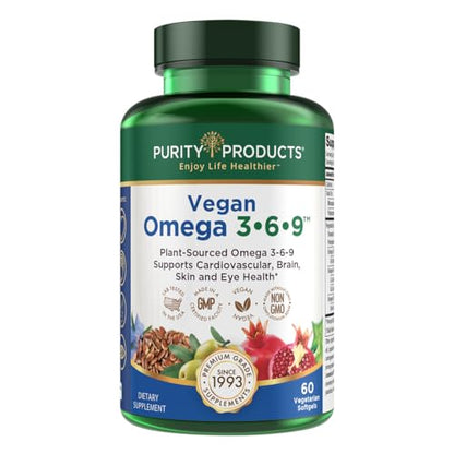 Purity Products Omega 3-6-9 Vegan and Vegetarian Omega Formula - “5 in 1” Essential Fatty Acid Complex - Scientifically Formulated Plant-Based Omega 3 6 9 Essential Fatty Acids (EFA) - from (60)