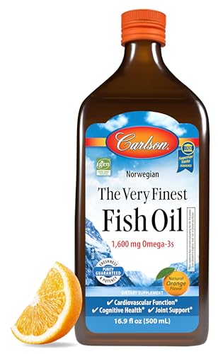 Carlson - The Very Finest Fish Oil, 1600 mg Omega-3s, Liquid Fish Oil Supplement, Norwegian Fish Oil, Wild-Caught, Sustainably Sourced Fish Oil Liquid, Orange, 16.9 Fl Oz