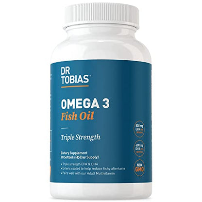 Dr. Tobias Omega 3 Fish Oil, 2000mg Triple Strength Omega 3 Supplement with 800mg EPA 600mg DHA Per Serving, Fish Oil Omega 3 Supplements for Heart, Brain & Immune Support, 90 Softgels, 45 Servings