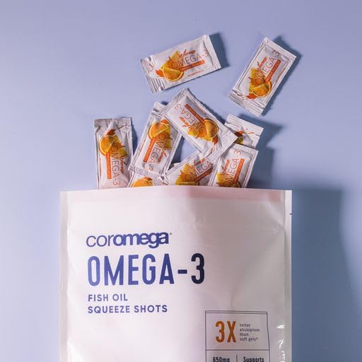 Coromega Omega 3 Fish Oil Supplement, 650mg of Omega-3s with 3X Better Absorption Than Softgels, Orange Flavor, 120 Single Serve Squeeze Packets