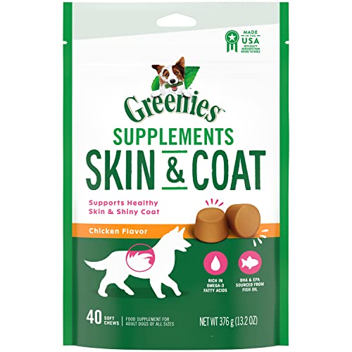 GREENIES Supplements Dog Skin & Coat Supplements With Fish Oil & Omega 3 Fatty Acids, 40 Count Chicken-Flavor Soft Chews for Adult Dogs