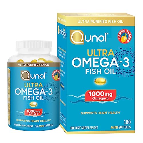 Qunol Fish Oil Omega 3 Mini Softgels, 1000mg Omega 3 EPA + DHA, Ultra Pure Supplements, Heart Health Support, Lemon Flavor, Easy to Swallow Minis, 3 Month Supply, 180 Count