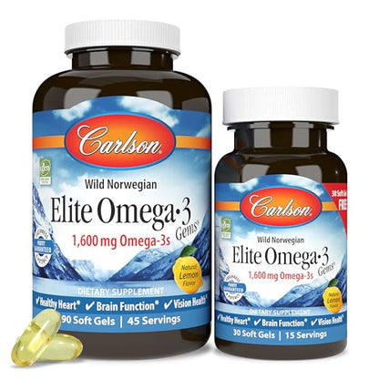 Carlson - Elite Omega-3 Gems, 1600 mg Omega-3 Fatty Acids Including EPA and DHA, Norwegian Fish Oil Supplement, Wild Caught, Sustainably Sourced Capsules, Lemon, 90+30 Softgels