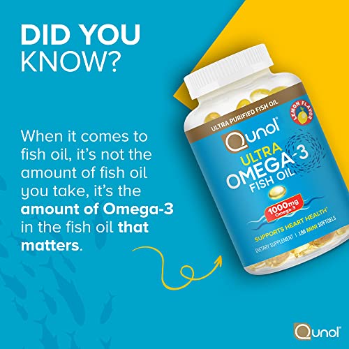 Qunol Fish Oil Omega 3 Mini Softgels, 1000mg Omega 3 EPA + DHA, Ultra Pure Supplements, Heart Health Support, Lemon Flavor, Easy to Swallow Minis, 3 Month Supply, 180 Count