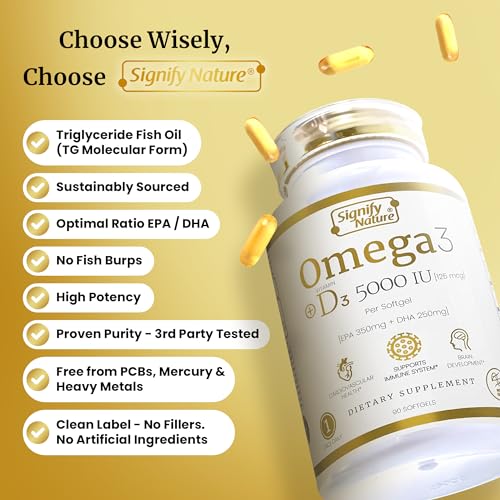 SIGNIFY NATURE Omega 3 Fish Oil Supplement with Vitamin D3 5000 IU - 1000mg Triglyceride Capsules for Brain Health - Optimal Ratio EPA DHA Omega-3 Fish Oils Vitamin D 3 Blend - VIT D3 & Omega 3-90CT