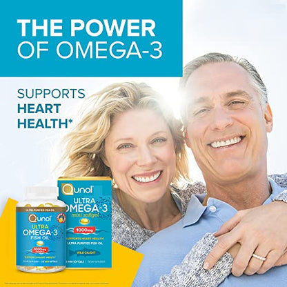 Qunol Fish Oil Omega 3 Mini Softgels, 1000mg Omega 3 EPA + DHA, Ultra Pure Supplements, Heart Health Support, Lemon Flavor, Easy to Swallow Minis, 3 Month Supply, 180 Count