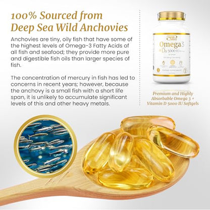 SIGNIFY NATURE Omega 3 Fish Oil Supplement with Vitamin D3 5000 IU - 1000mg Triglyceride Capsules for Brain Health - Optimal Ratio EPA DHA Omega-3 Fish Oils Vitamin D 3 Blend - VIT D3 & Omega 3-90CT