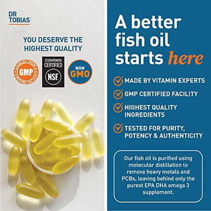 Dr. Tobias Omega 3 Fish Oil, 2000mg Triple Strength Omega 3 Supplement with 800mg EPA 600mg DHA Per Serving, Fish Oil Omega 3 Supplements for Heart, Brain & Immune Support, 90 Softgels, 45 Servings