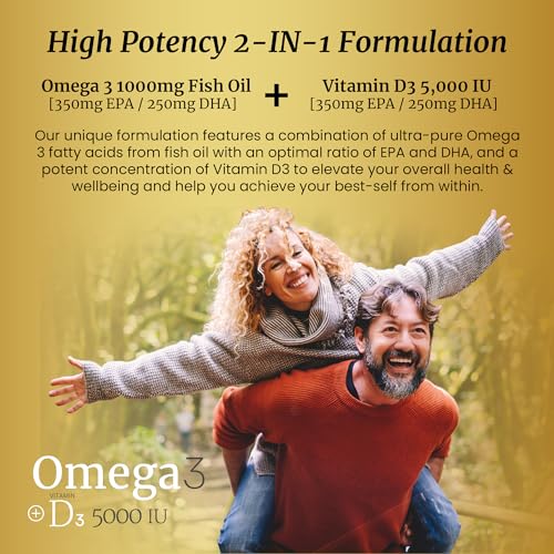 SIGNIFY NATURE Omega 3 Fish Oil Supplement with Vitamin D3 5000 IU - 1000mg Triglyceride Capsules for Brain Health - Optimal Ratio EPA DHA Omega-3 Fish Oils Vitamin D 3 Blend - VIT D3 & Omega 3-90CT