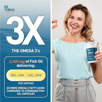 Dr. Tobias Omega 3 Fish Oil, 2000mg Triple Strength Omega 3 Supplement with 800mg EPA 600mg DHA Per Serving, Fish Oil Omega 3 Supplements for Heart, Brain & Immune Support, 90 Softgels, 45 Servings