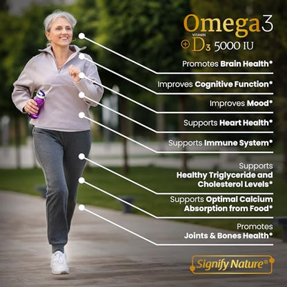 SIGNIFY NATURE Omega 3 Fish Oil Supplement with Vitamin D3 5000 IU - 1000mg Triglyceride Capsules for Brain Health - Optimal Ratio EPA DHA Omega-3 Fish Oils Vitamin D 3 Blend - VIT D3 & Omega 3-90CT