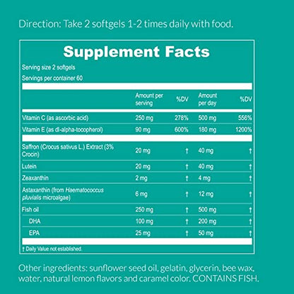 UpNourish AREDS 2+ - Advanced Eye Vitamin Supplement for Macular Health and Dry Eye - Lutein, Zeaxanthin, Saffron, Astaxanthin & DHA - Supports Eye Strain, Pressure, Night Vision - 120 softgels