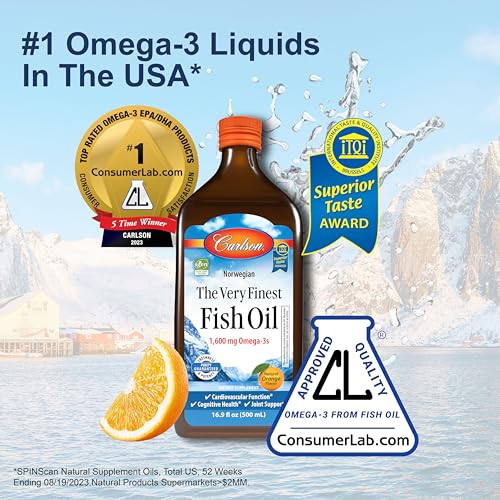 Carlson - The Very Finest Fish Oil, 1600 mg Omega-3s, Liquid Fish Oil Supplement, Norwegian Fish Oil, Wild-Caught, Sustainably Sourced Fish Oil Liquid, Orange, 16.9 Fl Oz