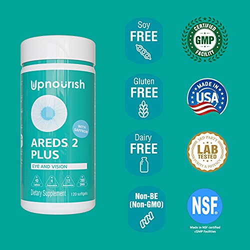 UpNourish AREDS 2+ - Advanced Eye Vitamin Supplement for Macular Health and Dry Eye - Lutein, Zeaxanthin, Saffron, Astaxanthin & DHA - Supports Eye Strain, Pressure, Night Vision - 120 softgels