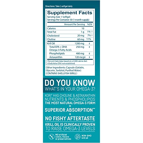 Kori Krill Antarctic Krill Oil Omega 3 Supplement, EPA & DHA, Krill Oil Supplements with Superior Absorption vs. Fish Oil, 1200 mg, 30 softgels