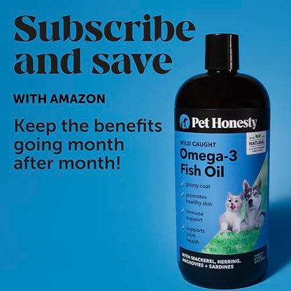 PetHonesty Omega 3 Fish Oil Supplement for Dogs & Cats (32oz), Wild Caught Omega 3 Fish Oil for Skin and Coat Health, Supports Shedding, Skin & Coat, Immunity, Joint, Brain & Heart, EPA + DHA