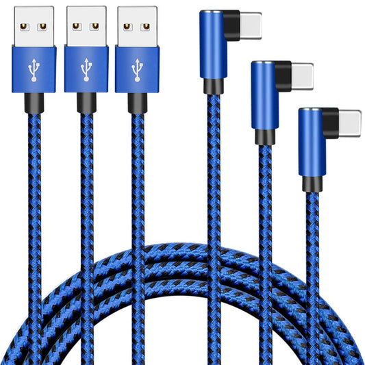 3 Pack (3ft 6ft 10ft) USB Type C Cable Right Angle 90 Degree Nylon Braided Fast Charing Charger Cord for Samsung Galaxy S10 S10+ S10e S9 Note 10 9 A10e A20 A20e A30 A50 Mobile Game Blue&Black