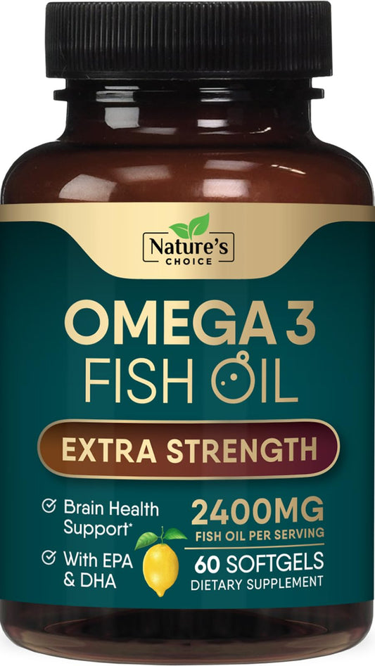 Triple Strength Omega 3 Fish Oil 2400 mg Softgels, Nature's Omega-3 Supplements, Brain & Heart Health Support - EPA & DHA, 1200 MG Fish Oil in Each Softgel, Fish Oil Supplement - 60 Fish Oil Softgels