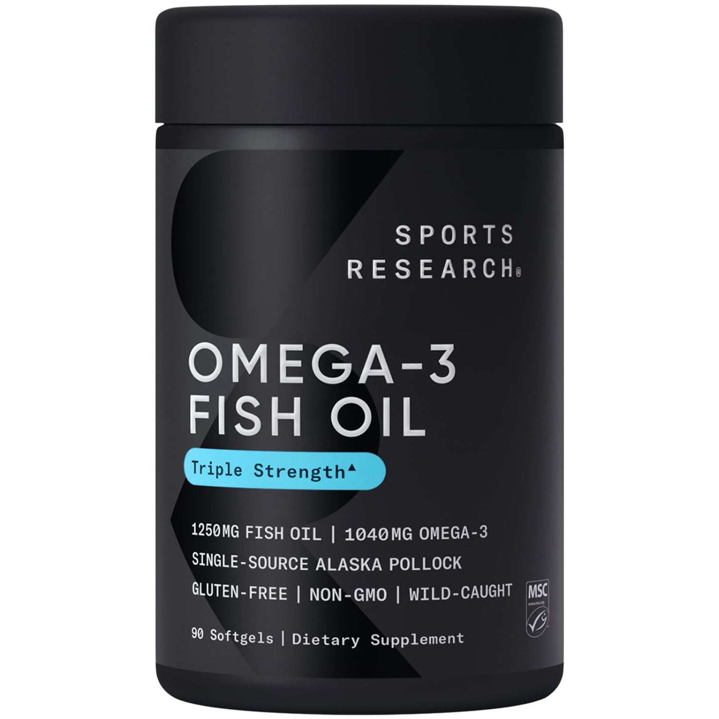 Sports Research Triple Strength Omega 3 Fish Oil - Burpless Fish Oil Supplement w/EPA & DHA Fatty Acids from Single-Source Wild Alaskan Pollock - 1250 mg, 90 ct