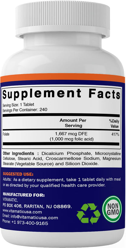 Vitamatic Folic Acid 1000 mcg (1 mg) - Vegetarian Tablets - 1667 mcg DFE - Vitamin B9 (240 Count (Pack of 1))