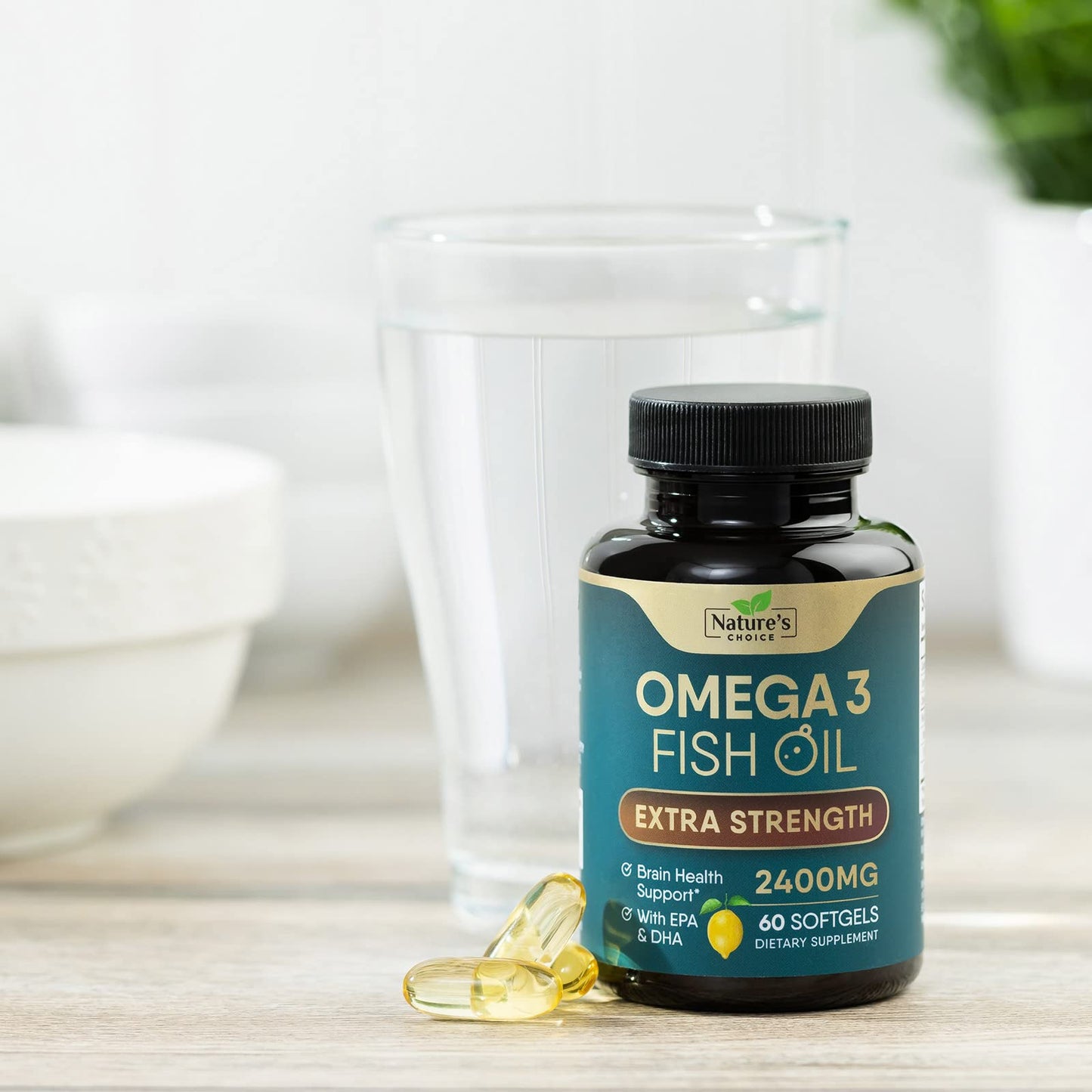 Triple Strength Omega 3 Fish Oil 2400 mg Softgels, Nature's Omega-3 Supplements, Brain & Heart Health Support - EPA & DHA, 1200 MG Fish Oil in Each Softgel, Fish Oil Supplement - 60 Fish Oil Softgels