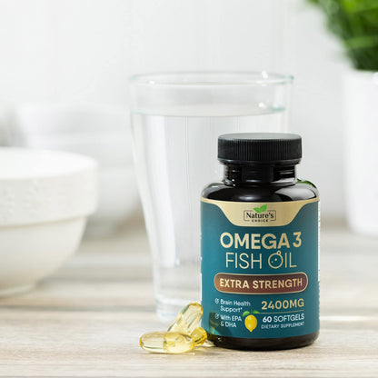 Triple Strength Omega 3 Fish Oil 2400 mg Softgels, Nature's Omega-3 Supplements, Brain & Heart Health Support - EPA & DHA, 1200 MG Fish Oil in Each Softgel, Fish Oil Supplement - 60 Fish Oil Softgels