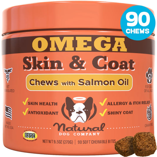 Natural Dog Company Skin & Coat Chews, Salmon & Peas Flavor, Dog Vitamins and Supplements for Healthy Skin & Coat, Itch Relief for Dogs with Allergies, with Biotin, Vitamin E, Omega 3, Antioxidant