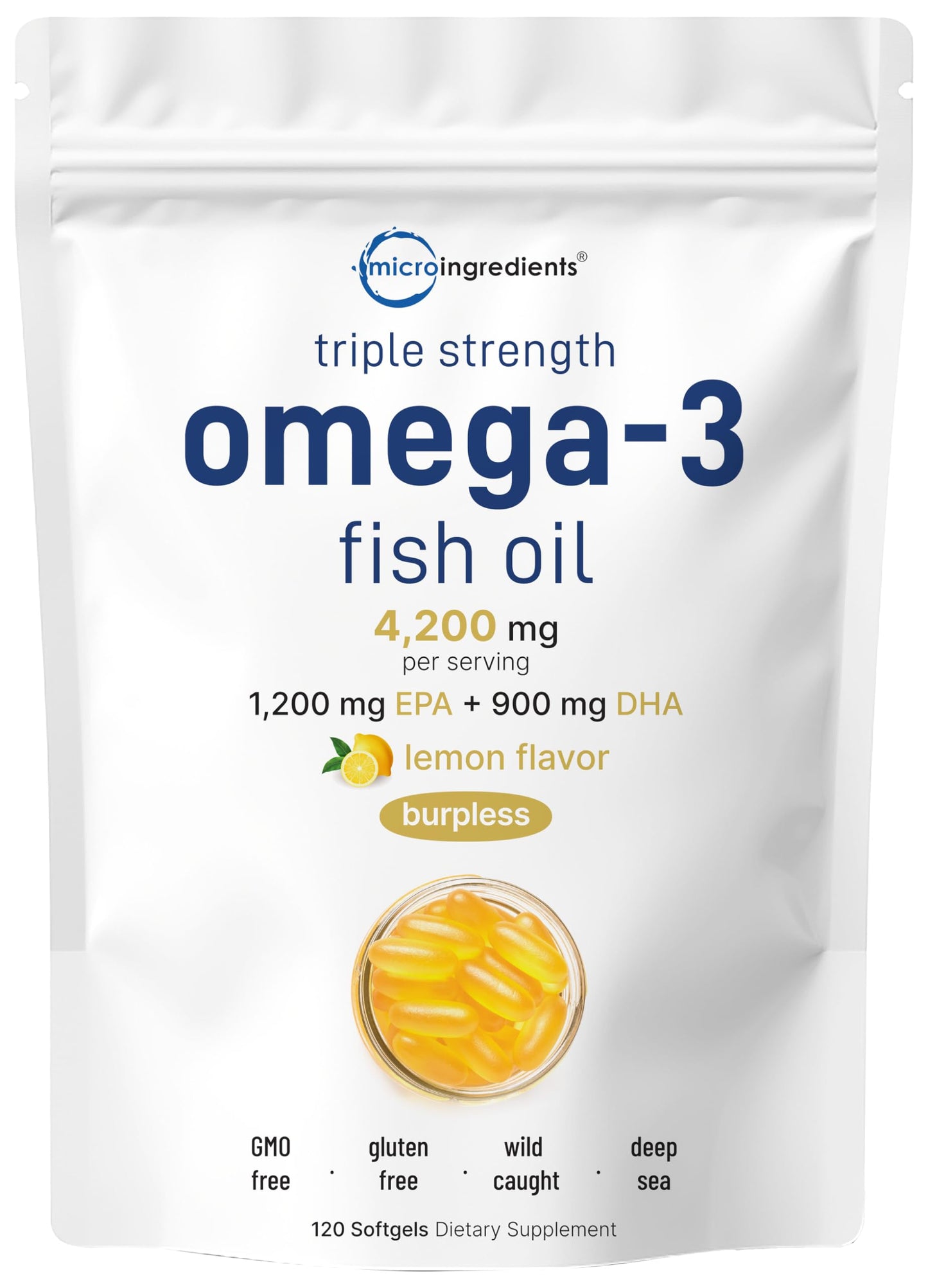 Triple Strength Omega 3 Fish Oil Supplements 4200mg Per Serving, 120 Softgels – Lemon Flavored – Burpless | EPA 1200mg + DHA 900mg | Deep Sea Fish