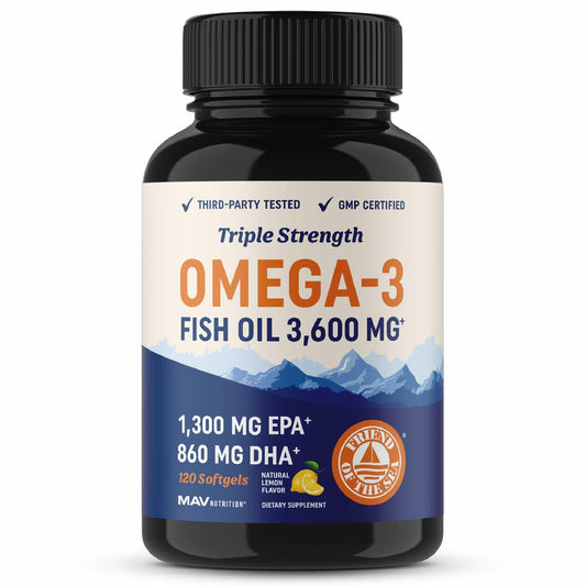 Triple Strength Omega 3 Fish Oil | 3600 mg EPA & DHA | Over 2100mg of Omega 3 Fatty Acids | 1300mg EPA + 860mg DHA | Best Essential Fatty Acids | Premium Burpless Softgel Supplements (120 Ct)