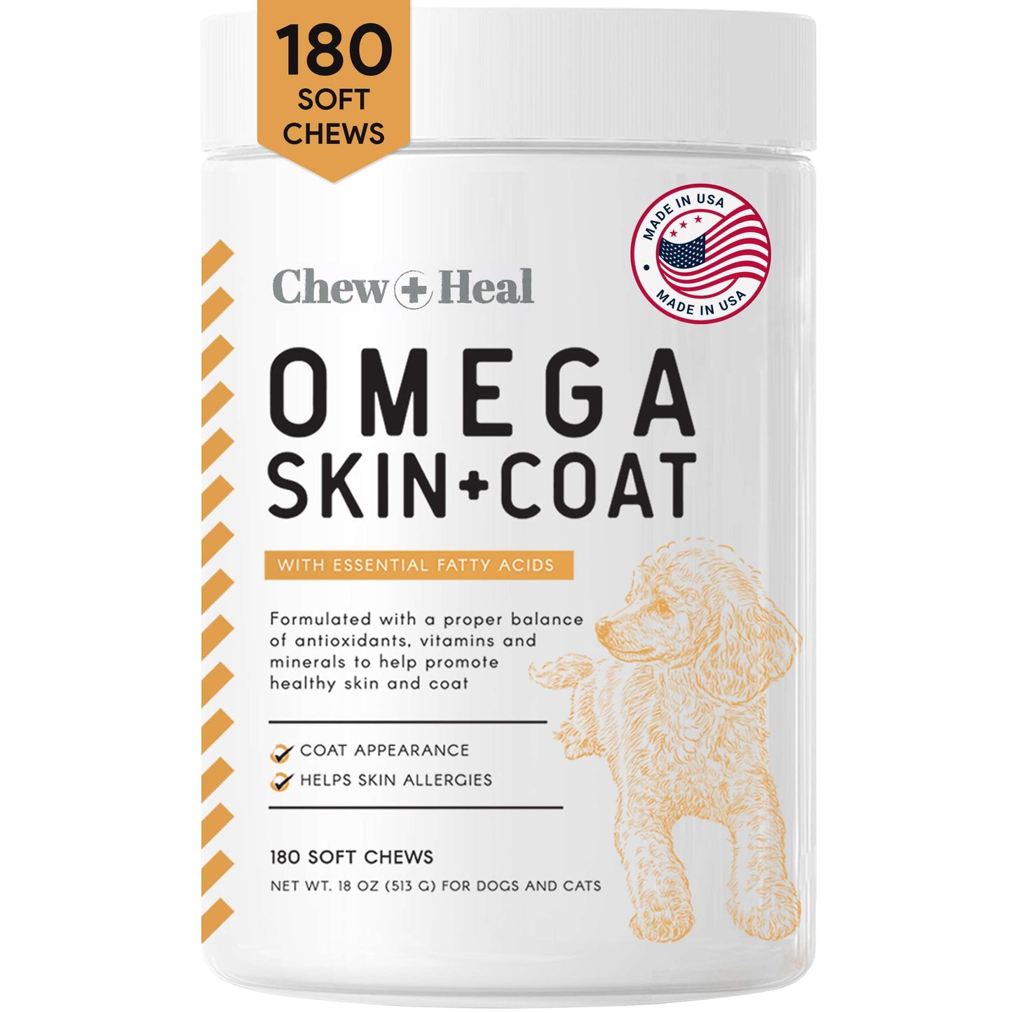 Salmon Oil for Dogs - 180 Soft Chew Omega Treats for Skin and Coat - Fish Oil Blend of Essential Fatty Acids, Omega 3 and 6, Vitamins, Antioxidants and Minerals - Made in USA