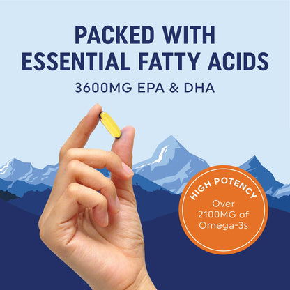 Triple Strength Omega 3 Fish Oil | 3600 mg EPA & DHA | Over 2100mg of Omega 3 Fatty Acids | 1300mg EPA + 860mg DHA | Best Essential Fatty Acids | Premium Burpless Softgel Supplements (120 Ct)