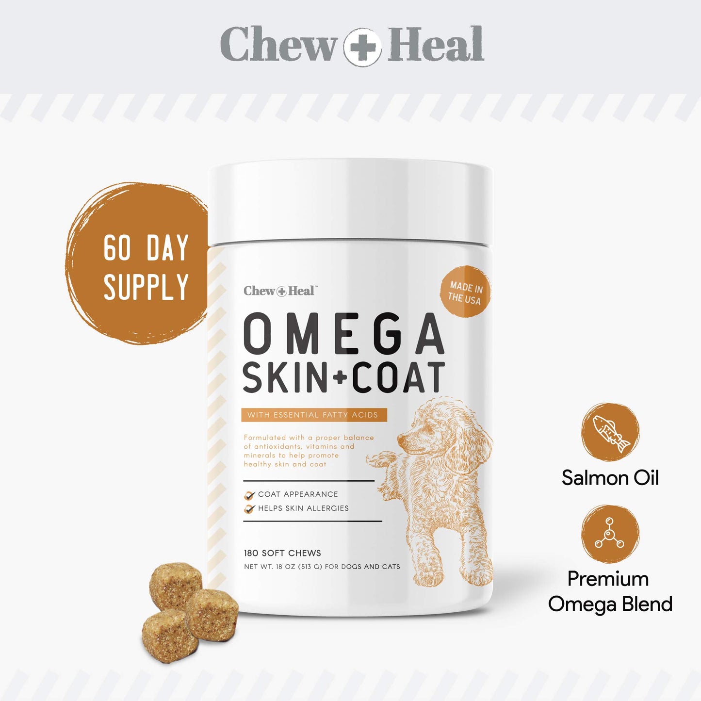 Salmon Oil for Dogs - 180 Soft Chew Omega Treats for Skin and Coat - Fish Oil Blend of Essential Fatty Acids, Omega 3 and 6, Vitamins, Antioxidants and Minerals - Made in USA