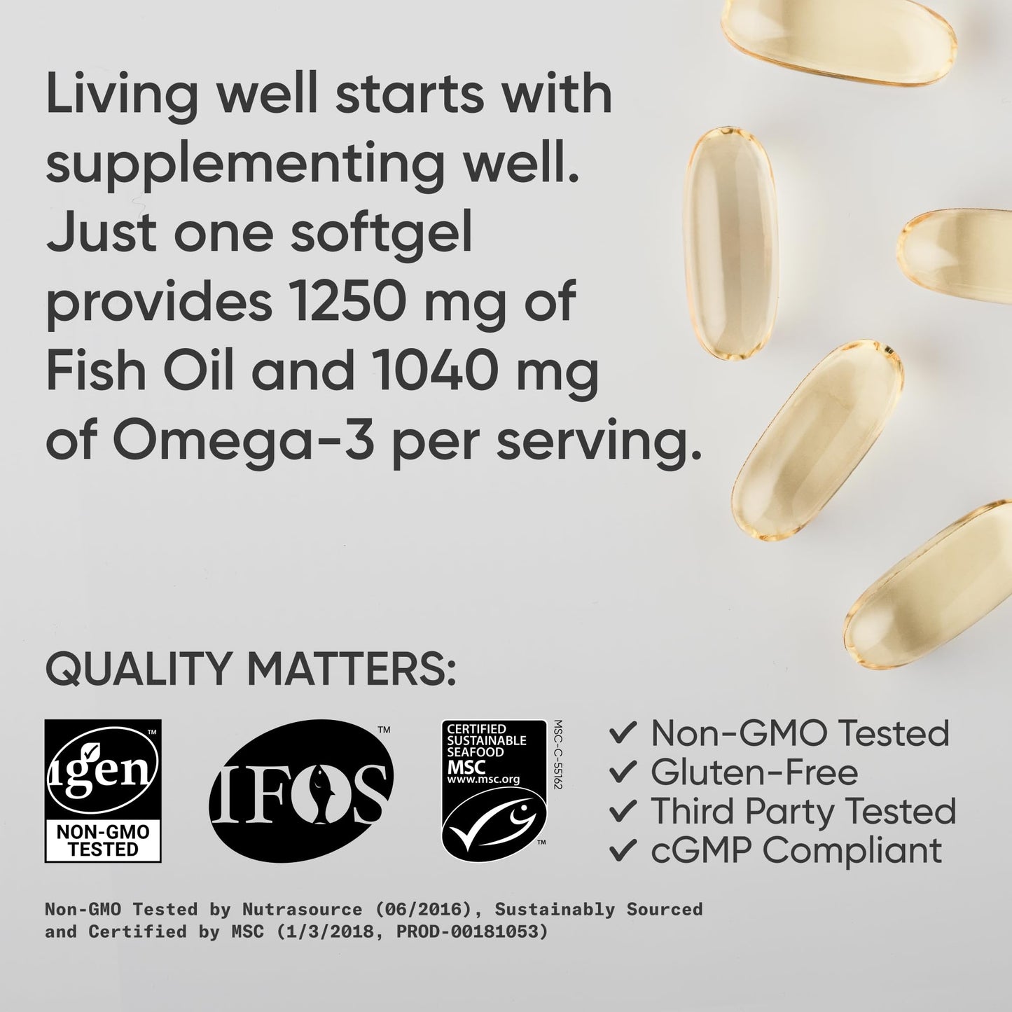 Sports Research Triple Strength Omega 3 Fish Oil - Burpless Fish Oil Supplement w/EPA & DHA Fatty Acids from Single-Source Wild Alaskan Pollock - 1250 mg, 90 ct