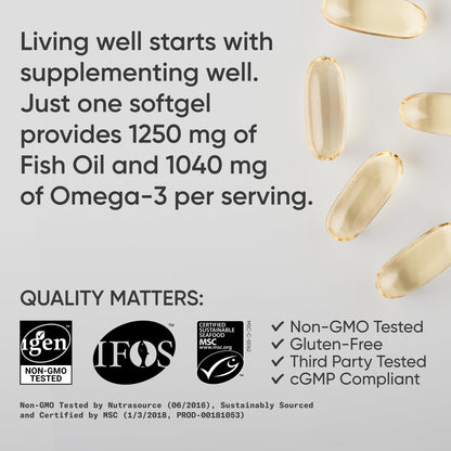 Sports Research Triple Strength Omega 3 Fish Oil - Burpless Fish Oil Supplement w/EPA & DHA Fatty Acids from Single-Source Wild Alaskan Pollock - 1250 mg, 90 ct