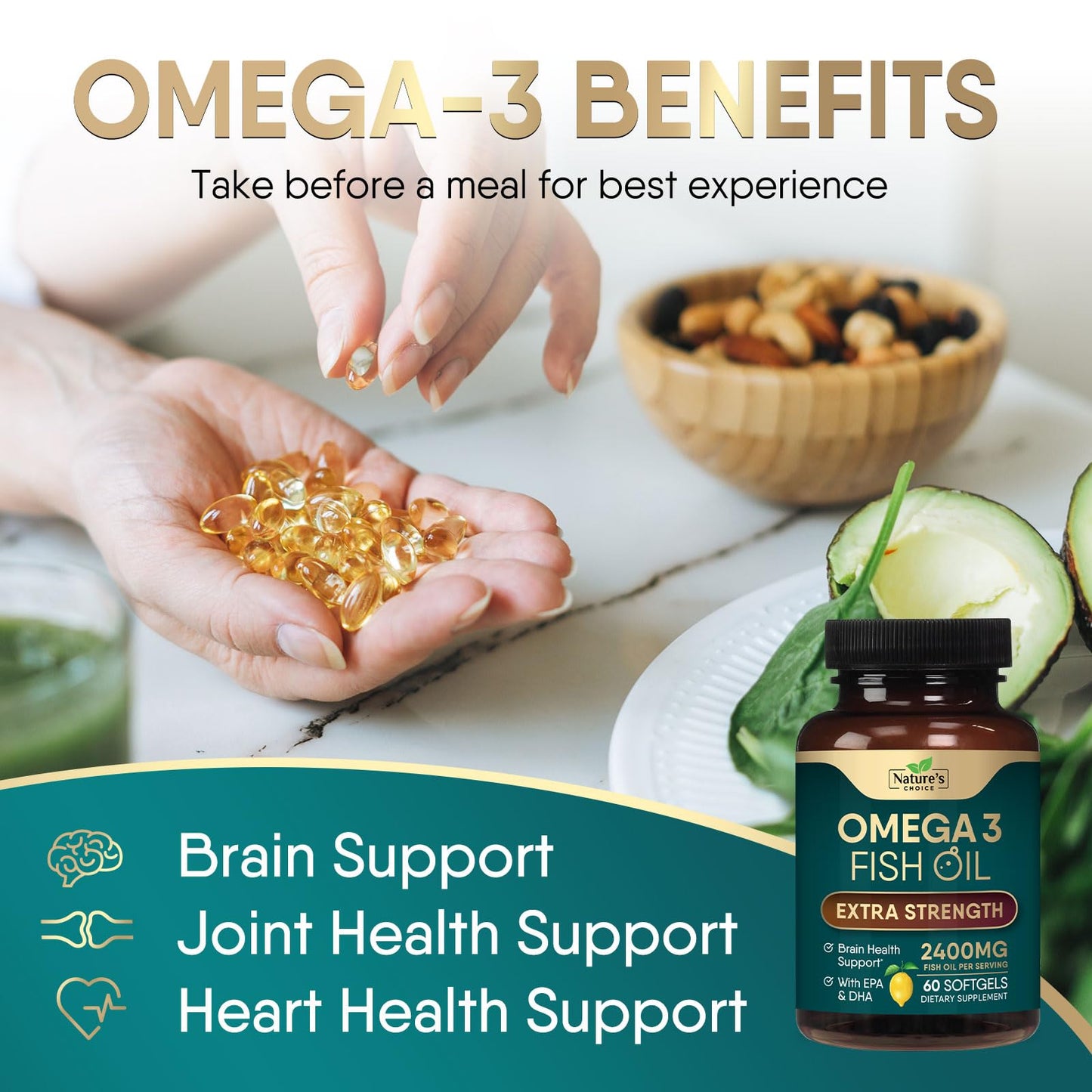 Triple Strength Omega 3 Fish Oil 2400 mg Softgels, Nature's Omega-3 Supplements, Brain & Heart Health Support - EPA & DHA, 1200 MG Fish Oil in Each Softgel, Fish Oil Supplement - 60 Fish Oil Softgels