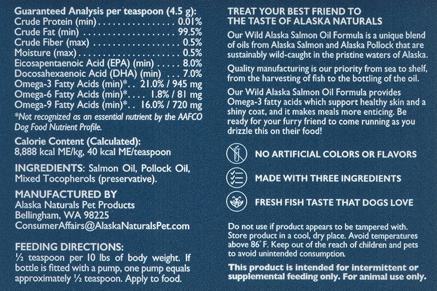 Alaska Naturals Wild Alaskan Salmon Fish Oil for Dogs Skin and Coat – EPA + DHA Omega 3 Oil - Fatty Acids Dog Supplements - Fur Coat and Brain Health - Natural Liquid Food Topper – 15.5 oz. Pump