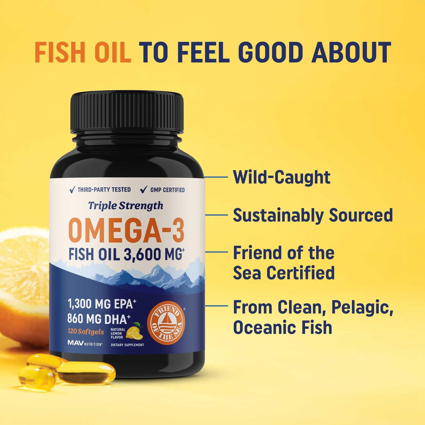 Triple Strength Omega 3 Fish Oil | 3600 mg EPA & DHA | Over 2100mg of Omega 3 Fatty Acids | 1300mg EPA + 860mg DHA | Best Essential Fatty Acids | Premium Burpless Softgel Supplements (120 Ct)