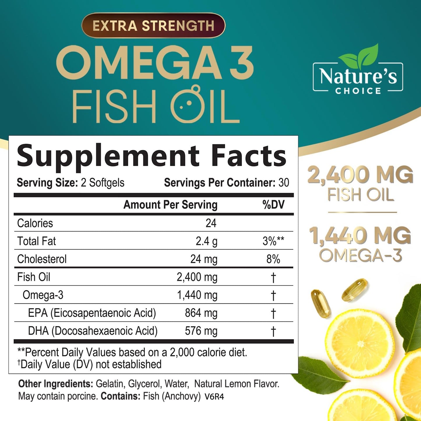 Triple Strength Omega 3 Fish Oil 2400 mg Softgels, Nature's Omega-3 Supplements, Brain & Heart Health Support - EPA & DHA, 1200 MG Fish Oil in Each Softgel, Fish Oil Supplement - 60 Fish Oil Softgels