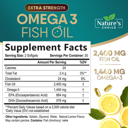 Triple Strength Omega 3 Fish Oil 2400 mg Softgels, Nature's Omega-3 Supplements, Brain & Heart Health Support - EPA & DHA, 1200 MG Fish Oil in Each Softgel, Fish Oil Supplement - 60 Fish Oil Softgels